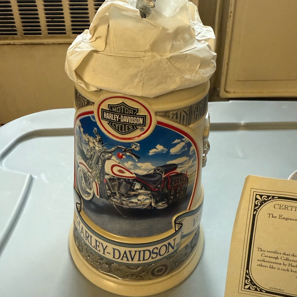 Harley-Davidson Ceramic Stein with Blue & Cream Motorcycle Scene